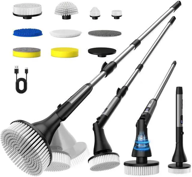 Alt view image 8 of 14 - Electric Spin Scrubber with 9 Brush Heads, 3-Angle & 4-Length Adjustable Cordless Power Scrubber, 3-Speed & Battery LED Display, Electric Scrubber for Cleaning Bathroom Bathtub Floor Tiles