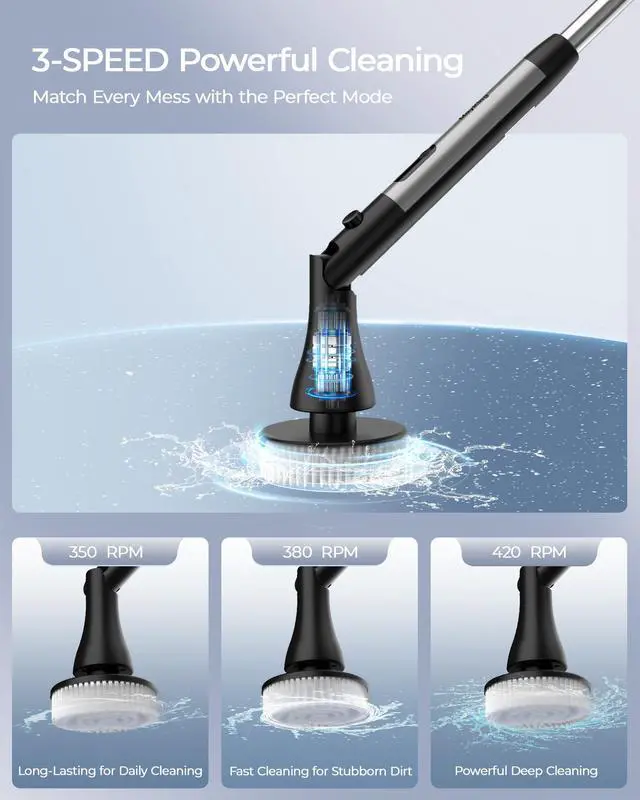 Alt view image 13 of 14 - Electric Spin Scrubber with 9 Brush Heads, 3-Angle & 4-Length Adjustable Cordless Power Scrubber, 3-Speed & Battery LED Display, Electric Scrubber for Cleaning Bathroom Bathtub Floor Tiles