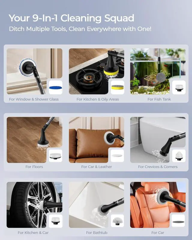 Alt view image 12 of 14 - Electric Spin Scrubber with 9 Brush Heads, 3-Angle & 4-Length Adjustable Cordless Power Scrubber, 3-Speed & Battery LED Display, Electric Scrubber for Cleaning Bathroom Bathtub Floor Tiles