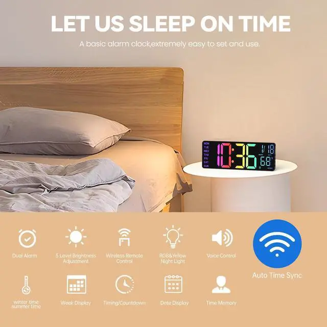 Alt view image 10 of 14 - 13" Digital Wall Clock with Night Light,8 RGB Color,Dual Alarms with Large Display, Dimmer, Auto DST, Voice Control, Auto Time Sync,Remote Control for Living Room Bedroom,Gift for All Ages
