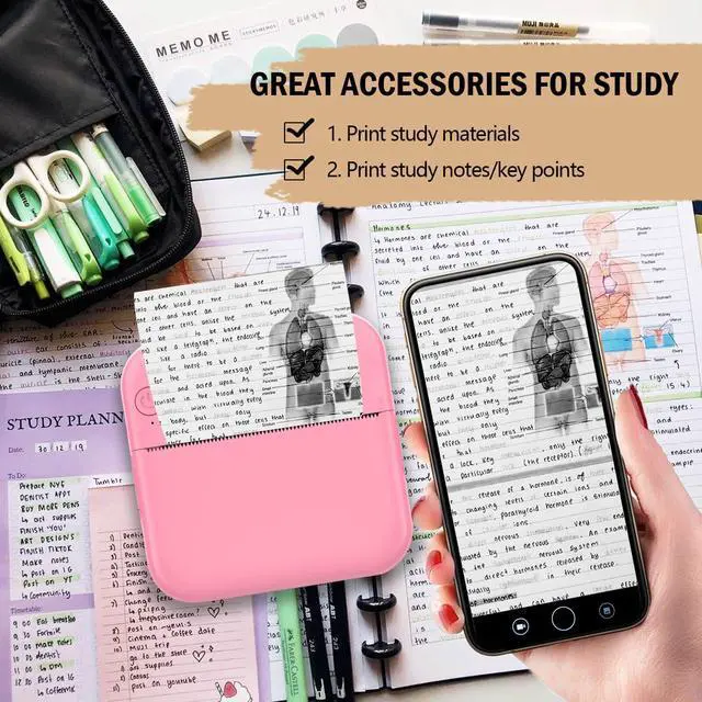 Alt view image 13 of 14 - Mini Thermal Pocket Printer, Wireless Mini Sticker Printer with 10 Rolls Thermal Paper for iOS&Android, Portable Mini Photo Printer for Notes Journal Memo Photo Study, Pink