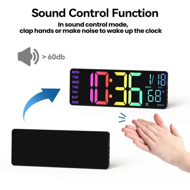 Alt view image 13 of 14 - 13" Digital Wall Clock with Night Light,8 RGB Color,Dual Alarms with Large Display, Dimmer, Auto DST, Voice Control, Auto Time Sync,Remote Control for Living Room Bedroom,Gift for All Ages