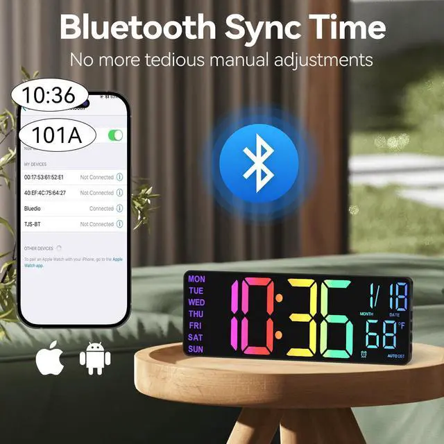 Alt view image 12 of 14 - 13" Digital Wall Clock with Night Light,8 RGB Color,Dual Alarms with Large Display, Dimmer, Auto DST, Voice Control, Auto Time Sync,Remote Control for Living Room Bedroom,Gift for All Ages