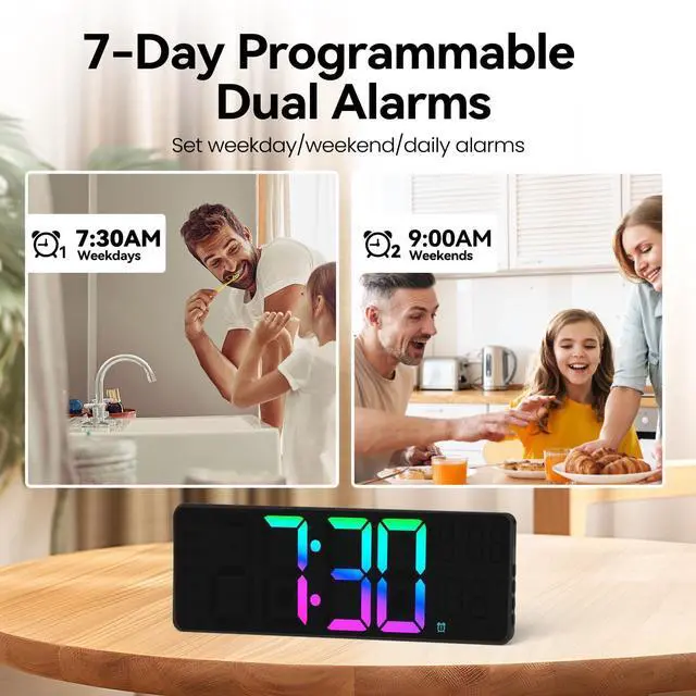 Alt view image 14 of 14 - 13" Digital Wall Clock with Night Light,8 RGB Color,Dual Alarms with Large Display, Dimmer, Auto DST, Voice Control, Auto Time Sync,Remote Control for Living Room Bedroom,Gift for All Ages