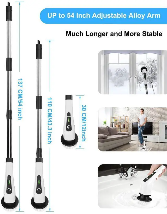 Alt view image 10 of 14 - Electric Spin Scrubber, Cordless Cleaning Brush with 8 Replaceable Brush Heads, Tub and Floor Tile 360 Power Scrubber Dual Speed with Adjustable & Detachable Handle for Bathroom Kitchen Car