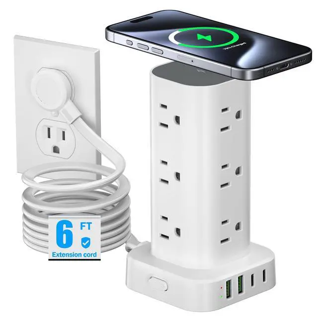 Alt view image 8 of 14 - Tower Power Strip with 15W Wireless Charger, 6FT Flat Plug Extension Cord with Multiple Outlets, 12 AC Outlets, 4 USB Ports (2 USB C) Charging Station Surge Protector for Office Home Dorm Room (White)