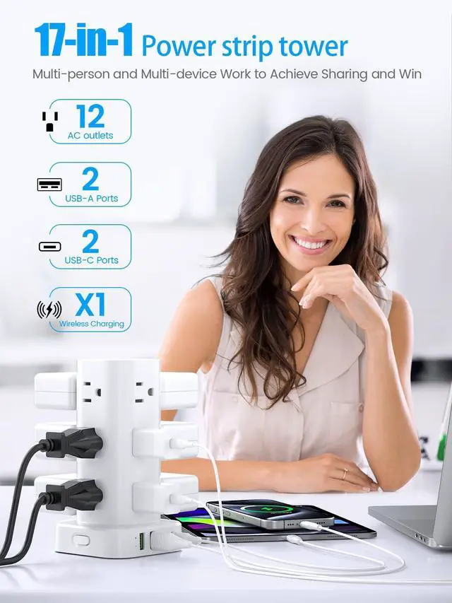 Alt view image 9 of 14 - Tower Power Strip with 15W Wireless Charger, 6FT Flat Plug Extension Cord with Multiple Outlets, 12 AC Outlets, 4 USB Ports (2 USB C) Charging Station Surge Protector for Office Home Dorm Room (White)