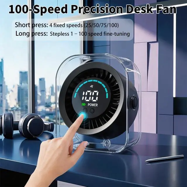 Alt view image 9 of 14 - Small Desk Fan, Quiet Desktop Fan with Turbo Airflow, Rechargeable Mini Table Fan 100 Speed Wind Adjustable, Travel Fan for Sleeping 90° Rotating, Portable Small Fans for Office Home Travel