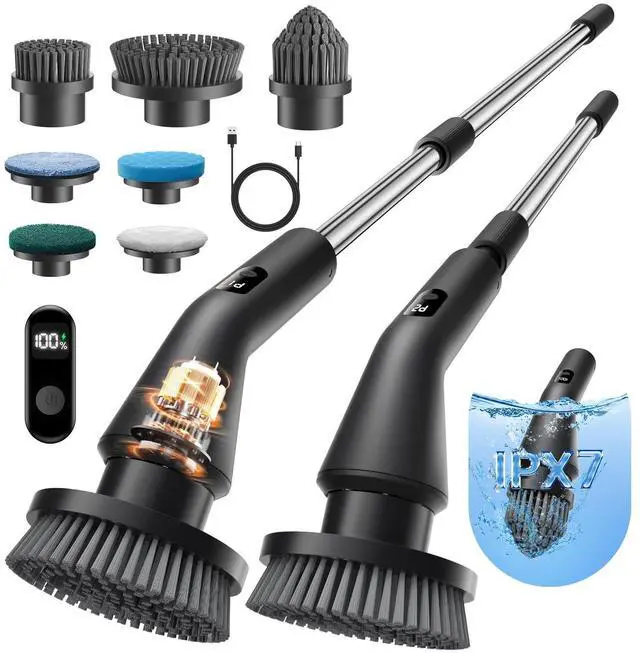 Alt view image 8 of 14 - Electric Spin Scrubber, Cordless Cleaning Brush for Bathroom Shower Tub, IPX7 Waterproof Power Scrubber with 7 Brush Heads, Extendable Long Handle and 2 Speeds Scrubber for Bathtub Floor