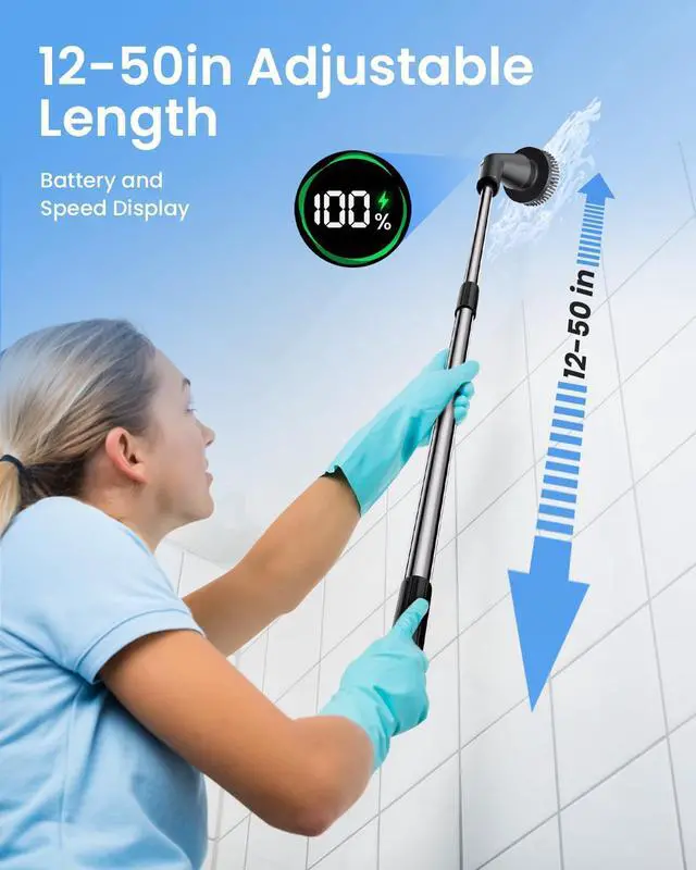 Alt view image 11 of 14 - Electric Spin Scrubber, Cordless Cleaning Brush for Bathroom Shower Tub, IPX7 Waterproof Power Scrubber with 7 Brush Heads, Extendable Long Handle and 2 Speeds Scrubber for Bathtub Floor