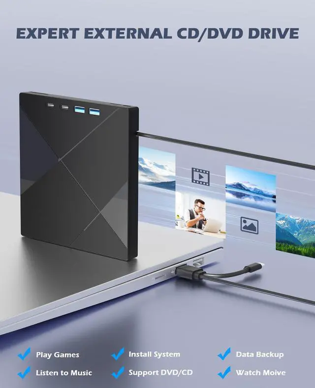 Alt view image 13 of 14 - 7 in 1 External CD/DVD Drive for Laptop, Portable DVD Player for Laptop with SD/TF Port, External DVD Drive with USB 3.0/Type C, CD Drive USB for PC Windows Linux