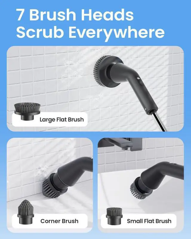 Alt view image 13 of 14 - Electric Spin Scrubber, Cordless Cleaning Brush for Bathroom Shower Tub, IPX7 Waterproof Power Scrubber with 7 Brush Heads, Extendable Long Handle and 2 Speeds Scrubber for Bathtub Floor