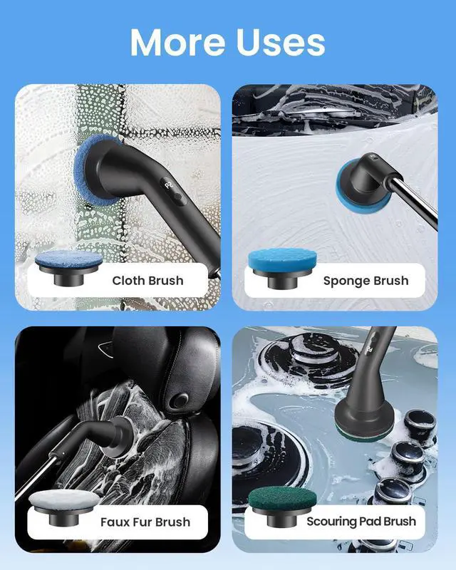 Alt view image 14 of 14 - Electric Spin Scrubber, Cordless Cleaning Brush for Bathroom Shower Tub, IPX7 Waterproof Power Scrubber with 7 Brush Heads, Extendable Long Handle and 2 Speeds Scrubber for Bathtub Floor