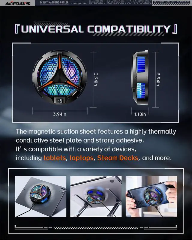 Alt view image 9 of 14 - iPad Cooler,Magnetic Tablet Cooler for ipad/Surface pro/Samsung Tab,Compatible for Steam Deck,Universal Radiator with Temperature Display for Mobile Gaming,Tiktok Live Streaming