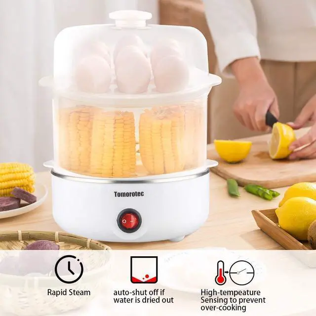 Alt view image 10 of 14 - 2-tier Egg Cooker Large 14 Eggs Capacity, Electric Rapid Egg Maker, Auto Off for Hard Boiled Eggs, Poached Eggs, Steamed Vegetables, Seafood, Dumplings