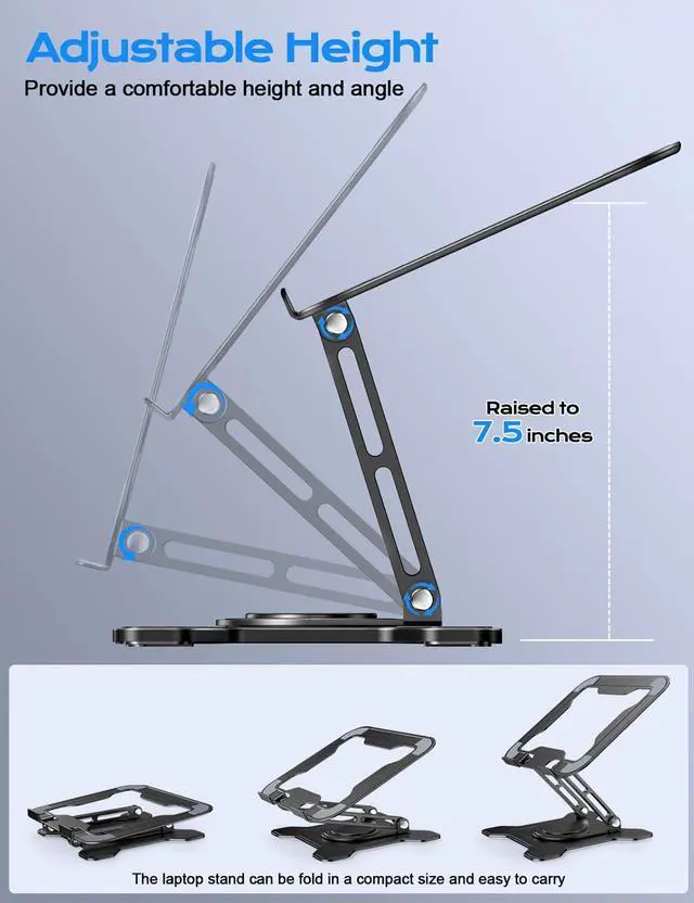 Alt view image 11 of 14 - Adjustable Laptop Stand for Desk, 360° Rotating Base Ergonomic Computer Stand, Laptop Riser Foldable Protable for Office Home Fits Compatible with MacBook Pro/Air Notebook up to 10-16" Black
