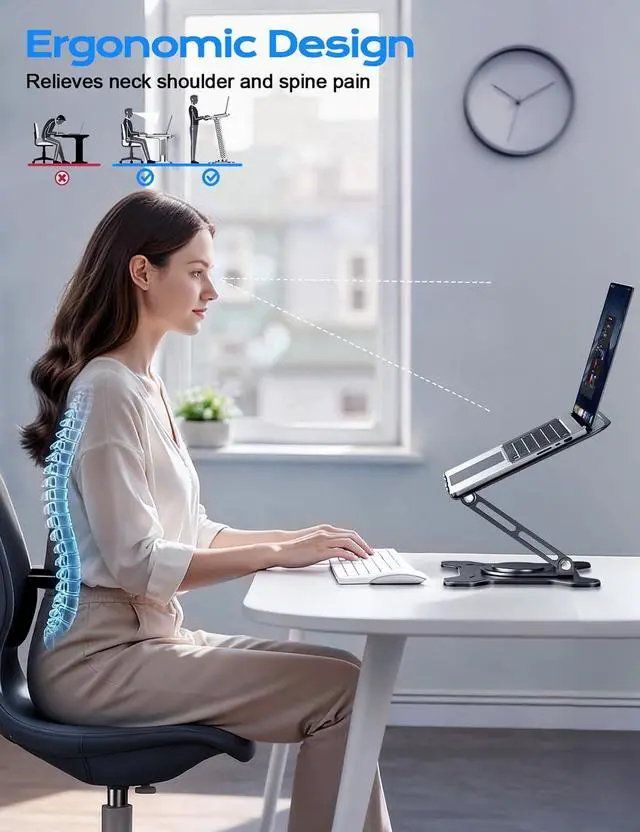 Alt view image 10 of 14 - Adjustable Laptop Stand for Desk, 360° Rotating Base Ergonomic Computer Stand, Laptop Riser Foldable Protable for Office Home Fits Compatible with MacBook Pro/Air Notebook up to 10-16" Black