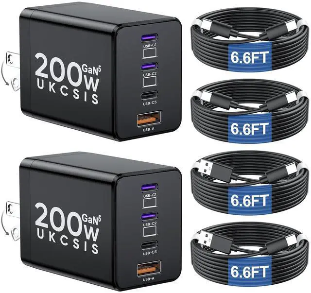 Alt view image 7 of 12 - 2 Pack 200W USB C Charger Block, Foldable 4-Port GaN5 Super Fast Charger USB C, Dual 65W Type C Charging Block, Laptop Fast Charging Adapter for MacBook Pro/Air, iPad, iPhone, Samsung Galaxy Black