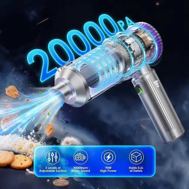 Alt view image 9 of 14 - Handheld Car Vacuum Portable Cordless with 20000Pa Powerful Suction, Mini Hand Held Car Vacuum Cleaner with 3-Speed Adjustment, 90000RPM Motor, With Nozzles for Home, Pet Hair, Keyboard, Desk