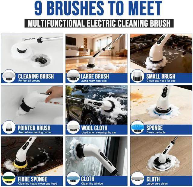 Alt view image 10 of 13 - Electric Spin Scrubber Cordless Electric Cleaning Brush with LCD Power Display 9 Replaceable Heads Dual Speed IPX7 Waterproof Electric Scrubber for Cleaning Bathroom Tiles Floor Kitchen & Car