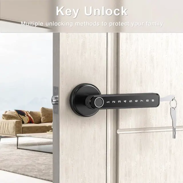 Alt view image 11 of 14 - Fingerprint Door Handle for Bedrooms - 191F 3-in-1 Fingerprint Door Lock with Keypad, Fingerprint Door Knob for Bedroom with Key, Keyless Entry Door Handle - Black