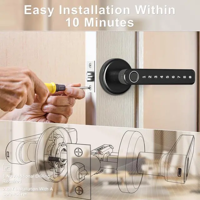 Alt view image 13 of 14 - Fingerprint Door Handle for Bedrooms - 191F 3-in-1 Fingerprint Door Lock with Keypad, Fingerprint Door Knob for Bedroom with Key, Keyless Entry Door Handle - Black