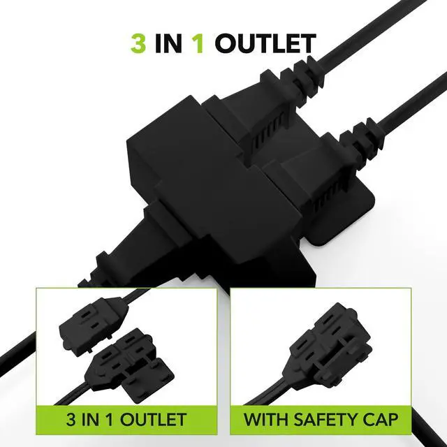 Alt view image 13 of 14 - Extension Cord, 3-Pack 6FT Black, 2 Prong Indoor Extension Cord 16/2 SPT-2, 13A, 1625 W, 3-Outlet Extension Cords for Home/Office Use