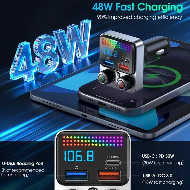 Alt view image 12 of 14 - Bluetooth 5.4 Car Adapter 48W Charging USB Bluetooth Adapter for Car,Wireless Fm Transmitter Radio,Song Switching,Handsfree Calling and Audio Receiver,HiFi Music Player,Matrix LED Effects