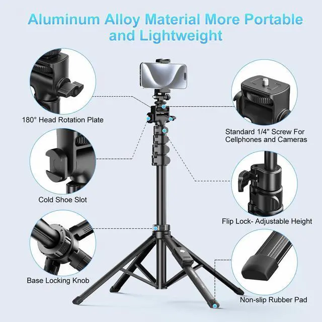 Alt view image 10 of 14 - 62" Professional Cell Phone Tripod, Ultra Stable 4 Leg Design, Bluetooth Remote, 100% All Aluminum Stick & Legs, Portable All in One, 360° Phone Mount with 2 Cold Shoe Slots, Non Skid Feet