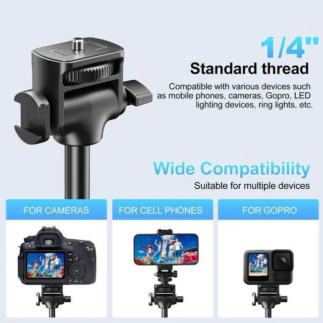 Alt view image 12 of 14 - 62" Professional Cell Phone Tripod, Ultra Stable 4 Leg Design, Bluetooth Remote, 100% All Aluminum Stick & Legs, Portable All in One, 360° Phone Mount with 2 Cold Shoe Slots, Non Skid Feet