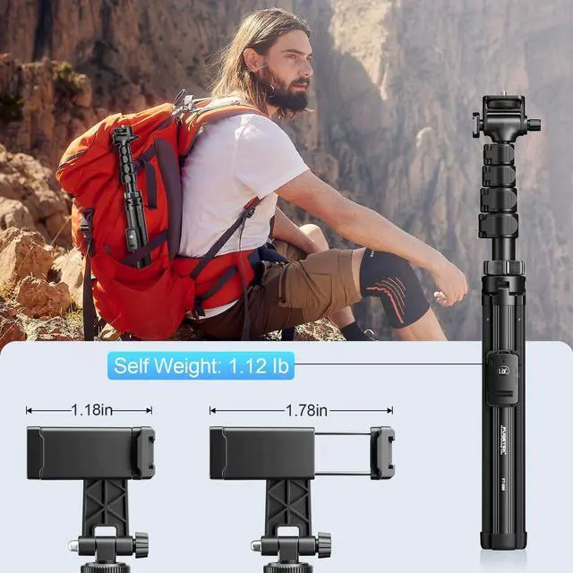 Alt view image 14 of 14 - 62" Professional Cell Phone Tripod, Ultra Stable 4 Leg Design, Bluetooth Remote, 100% All Aluminum Stick & Legs, Portable All in One, 360° Phone Mount with 2 Cold Shoe Slots, Non Skid Feet