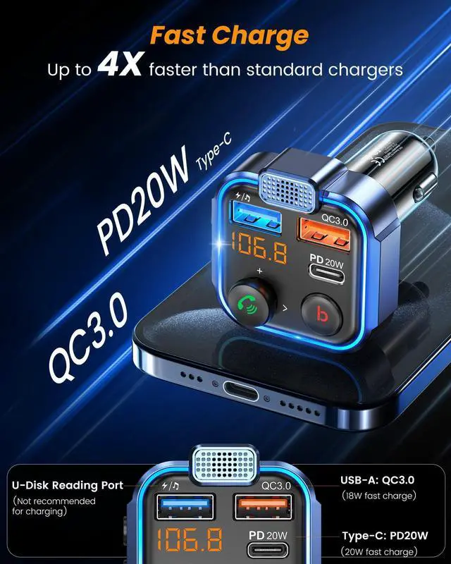 Alt view image 12 of 14 - FM Transmitter in-Car Adapter, Type-C PD 20W+ QC3.0 Fast USB Charger, Wireless Bluetooth 5.3 Radio Car Kit, Hands-Free Calling, MP3 Player Receiver Hi Fi Bass, Support U Disk