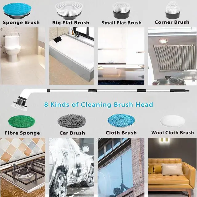Alt view image 10 of 13 - Electric Spin Scrubber Scrub Brush, Rechargeable Cleaning Brush with 8 in 1 Replaceable Brush Heads, Cordless Power Spin Scrubber 90Mins for Bathroom Shower Bathtub Glass Car