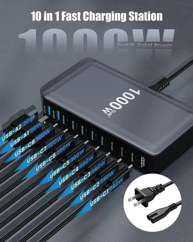 Alt view image 9 of 14 - 1000W USB C Charger Block,10-Port USB C Charging Station GaN IV Travel Essentials Multiple Port Charging Station,140W Laptop Fast Charger Adapter for MacBook Pro/Air,DELL,iPad,iPhone,Samsung Galaxy