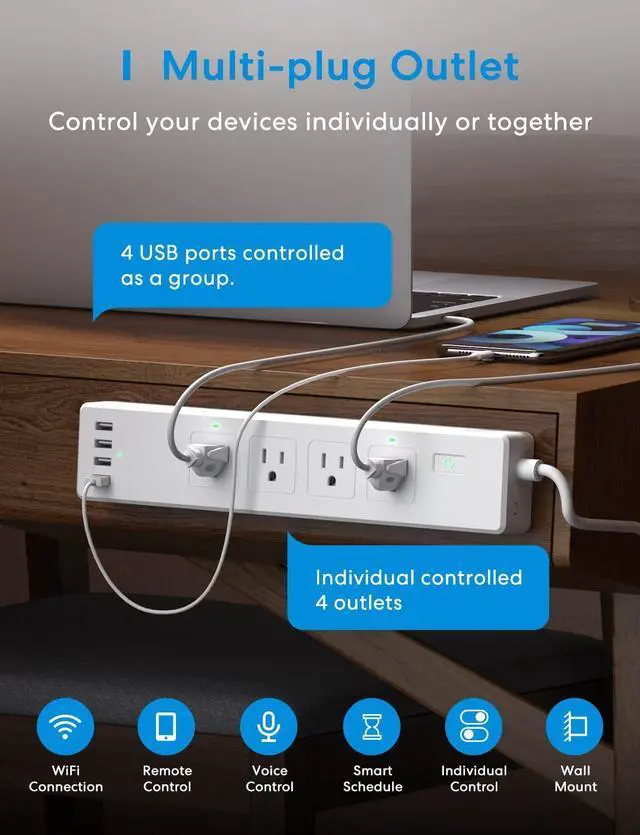 Alt view image 10 of 14 - Smart Plug Power Strip, WiFi Flat Outlet 15A Compatible with Apple HomeKit, Siri, Alexa, Google Assistant & SmartThings, with 4 AC Outlets & 4 USB Ports, 6 Feet Surge Protector Extender
