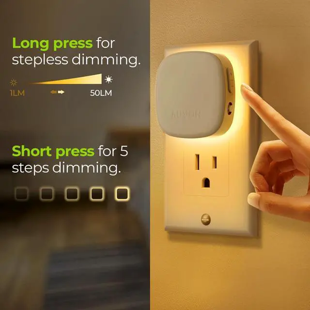Alt view image 12 of 14 - Plug-in LED Backlit Night Light with Motion Sensor & Dusk to Dawn Sensor, Dimmable Warm White Nightlight with 1-50 lm Adjustable Brightness for Bedroom, Bathroom, Stairs, Hallway (4 Pack)
