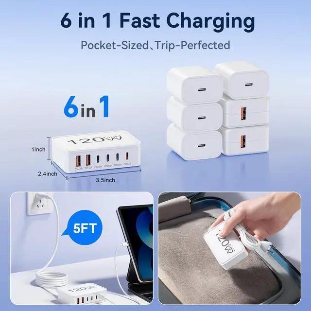 Alt view image 12 of 14 - USB C Charger Block, 120W GaN 6-Port Charging Station, 30W Fixed PD Port Type C Charger Fast Charging for iPhone 17/16/15/14, iPad, Galaxy, Pixel, Power Adapter Hub for Travel Home Office