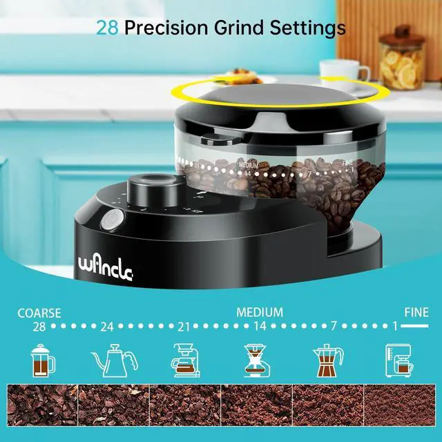 Alt view image 9 of 14 - Electric Burr Coffee Grinder - Adjustable with 28 Precise Grind Settings for 12 Cups - Professional Coffee Bean Grinder (Plastic, Black)