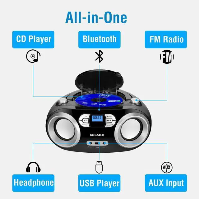 Alt view image 9 of 14 - Portable CD Player Boombox with FM Radio, Bluetooth, USB Port, AUX Input, and Headphone Jack CD-R/CD-RW/MP3-CD Compatible, Clear Stereo Sound, Backlit LCD Display Black