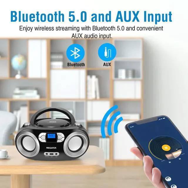 Alt view image 11 of 14 - Portable CD Player Boombox with FM Radio, Bluetooth, USB Port, AUX Input, and Headphone Jack CD-R/CD-RW/MP3-CD Compatible, Clear Stereo Sound, Backlit LCD Display Black