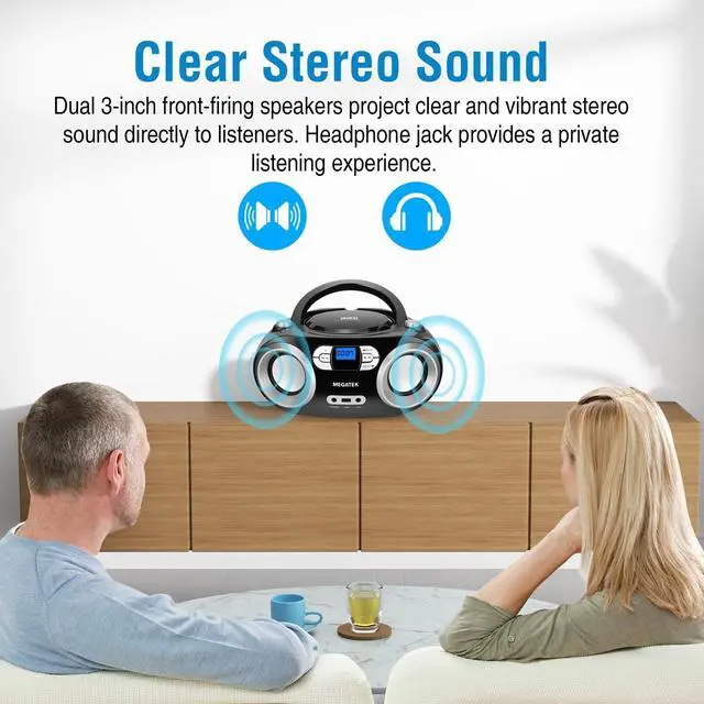 Alt view image 10 of 14 - Portable CD Player Boombox with FM Radio, Bluetooth, USB Port, AUX Input, and Headphone Jack CD-R/CD-RW/MP3-CD Compatible, Clear Stereo Sound, Backlit LCD Display Black