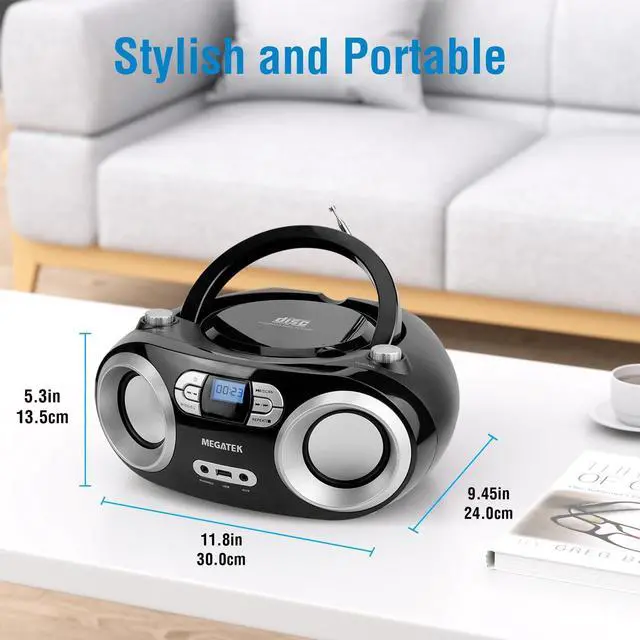 Alt view image 12 of 14 - Portable CD Player Boombox with FM Radio, Bluetooth, USB Port, AUX Input, and Headphone Jack CD-R/CD-RW/MP3-CD Compatible, Clear Stereo Sound, Backlit LCD Display Black