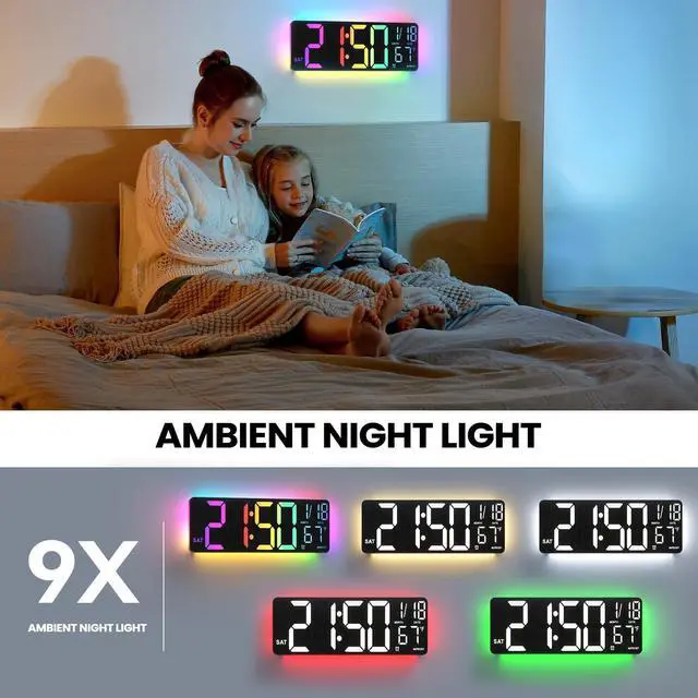 Alt view image 11 of 14 - 13" Digital Wall Clock with Night Light,8 RGB Color,Dual Alarms with Large Display, Dimmer, Auto DST, Voice Control, Auto Time Sync,Remote Control for Living Room Bedroom,Gift for All Ages