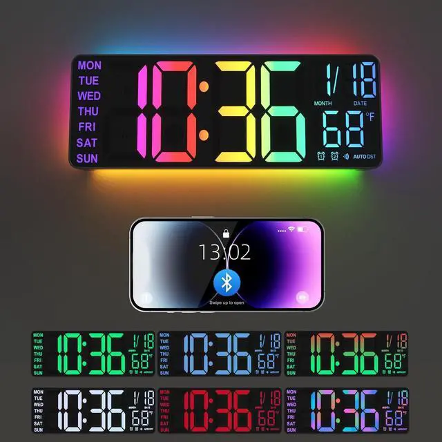 Alt view image 8 of 14 - 13" Digital Wall Clock with Night Light,8 RGB Color,Dual Alarms with Large Display, Dimmer, Auto DST, Voice Control, Auto Time Sync,Remote Control for Living Room Bedroom,Gift for All Ages