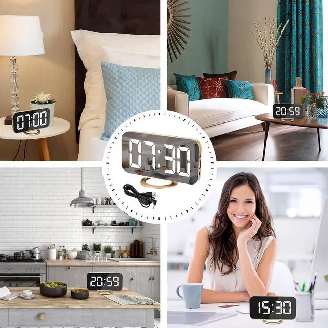 Alt view image 13 of 14 - Digital Alarm Clock,LED and Mirror Desk Clock Large Display,with Dual USB Charger Ports,3 Levels Brightness,12/24H,Modern Electronic Clock for Bedroom Home Living Room Office - Gold