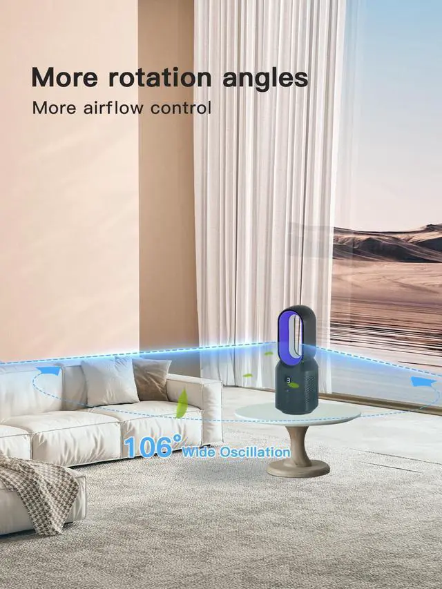 Alt view image 12 of 14 - 13 Inch Desk Fan Bladeless, Small Table Fan, 106° Oscillating Fan with 3 Speeds and Night Light, Quiet Desktop Fan for Personal, Bedroom, Office, Nightstand