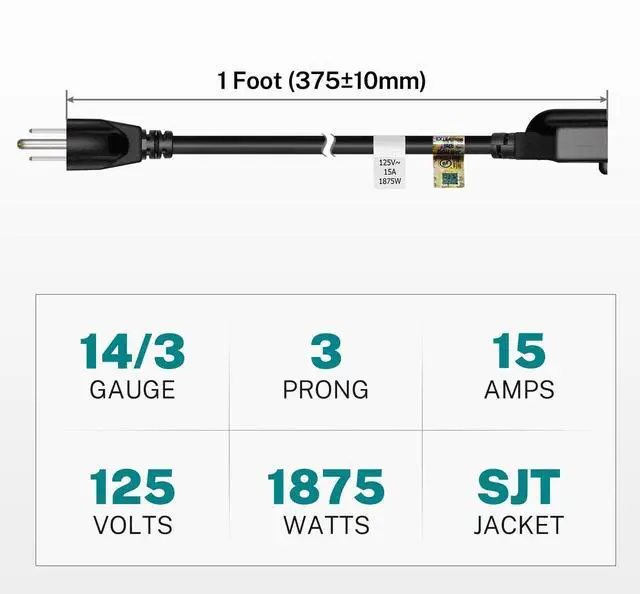 Alt view image 10 of 14 - 15 Amp 1 Foot 3 Prong Extension Cord 14 Gauge 1875W Black
