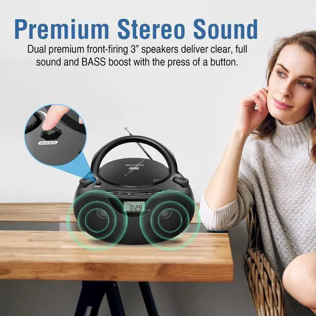 Alt view image 10 of 14 - Portable CD Player Bluetooth Boombox with AM/FM Radio, USB, AUX-in, Headphone Jack, CD-R/RW & MP3-CD Compatible, Stereo Sound with Bass Boost, AC/Battery Operated Black
