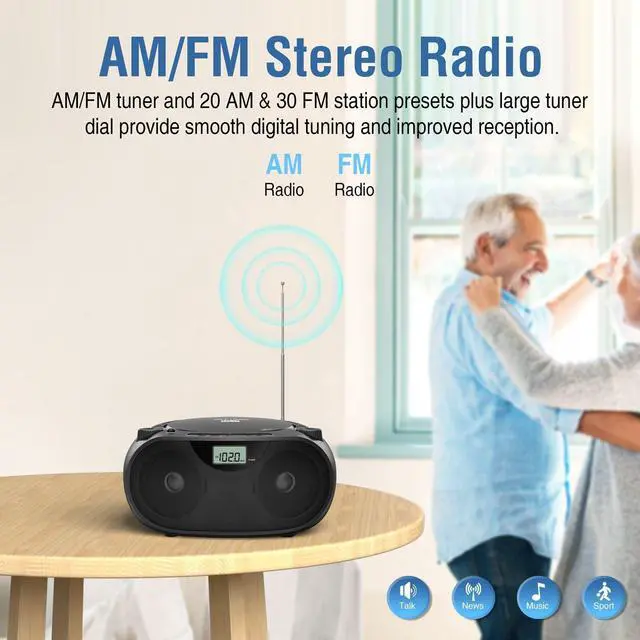 Alt view image 12 of 14 - Portable CD Player Bluetooth Boombox with AM/FM Radio, USB, AUX-in, Headphone Jack, CD-R/RW & MP3-CD Compatible, Stereo Sound with Bass Boost, AC/Battery Operated Black