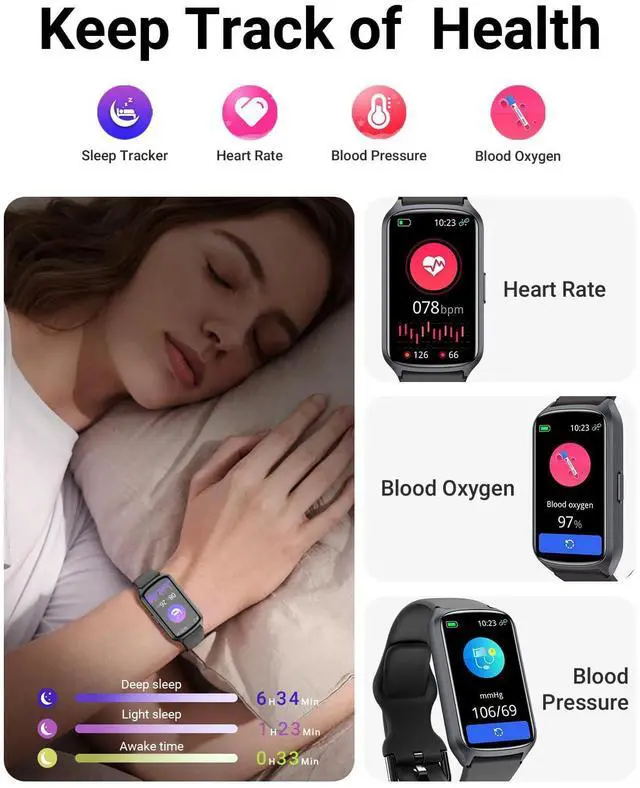 Alt view image 11 of 14 - Health Fitness Tracker with 24/7 Heart Rate, Blood Oxygen, Blood Pressure, Sleep Tracker, 5ATM Waterproof Activity Trackers with Step Tracker, Pedometer (S & L Bands Included)
